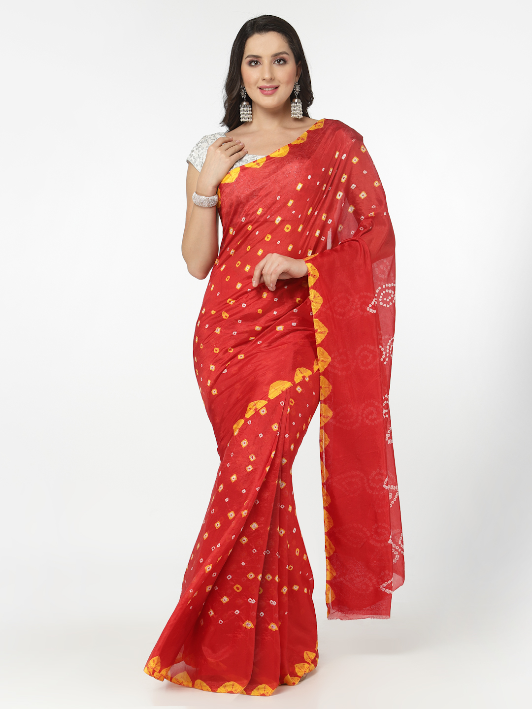Women Silk Bandhani and Zari Weaving Saree with Unstitched Blouse - Red