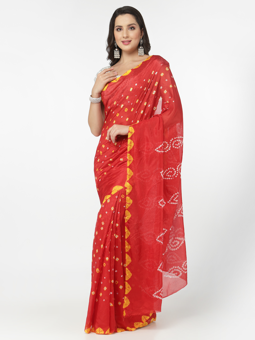Women Silk Bandhani and Zari Weaving Saree with Unstitched Blouse - Red