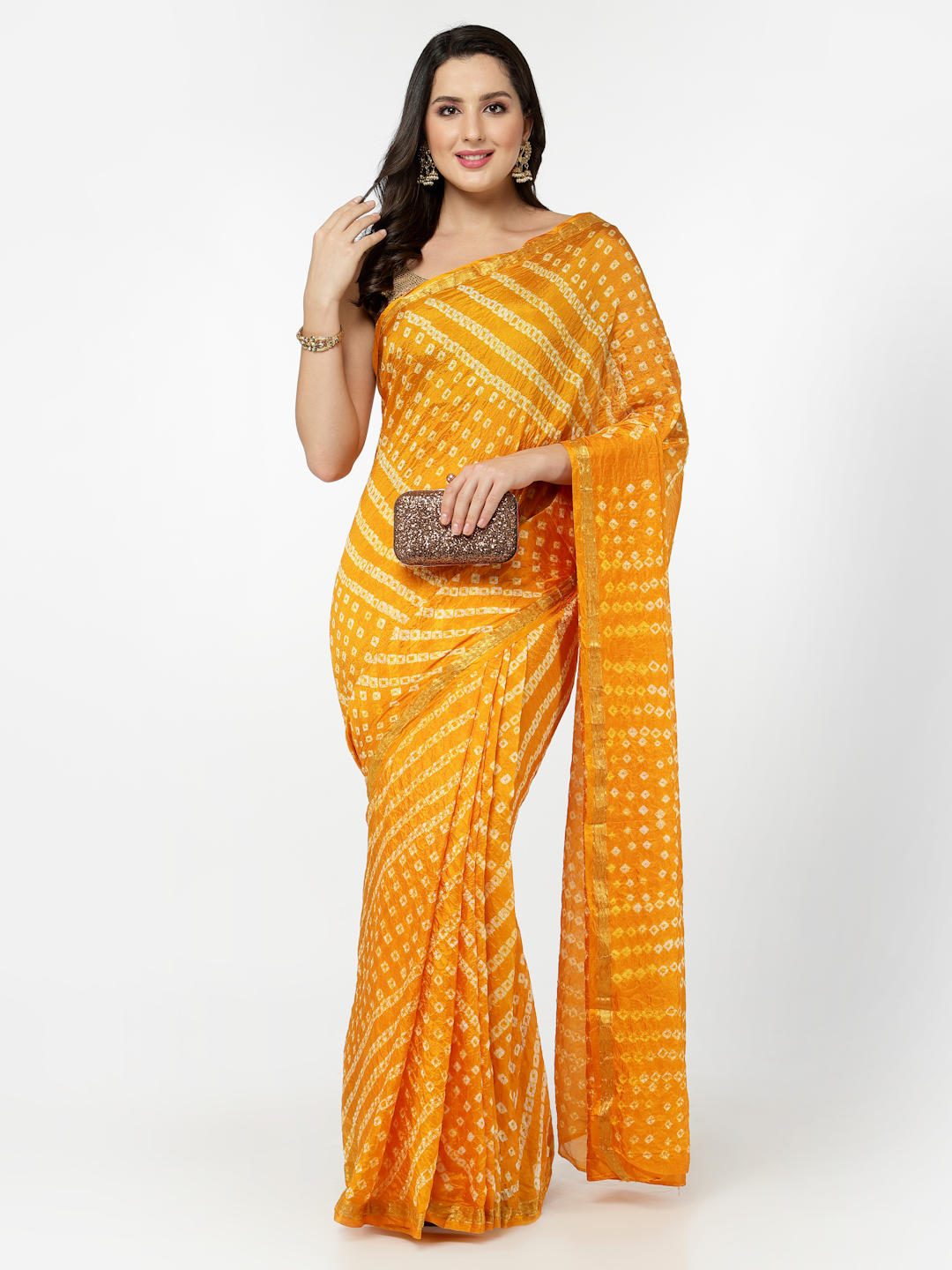Silk Bandhani and Zari Weaving Saree with Unstitched Blouse - Orange And White