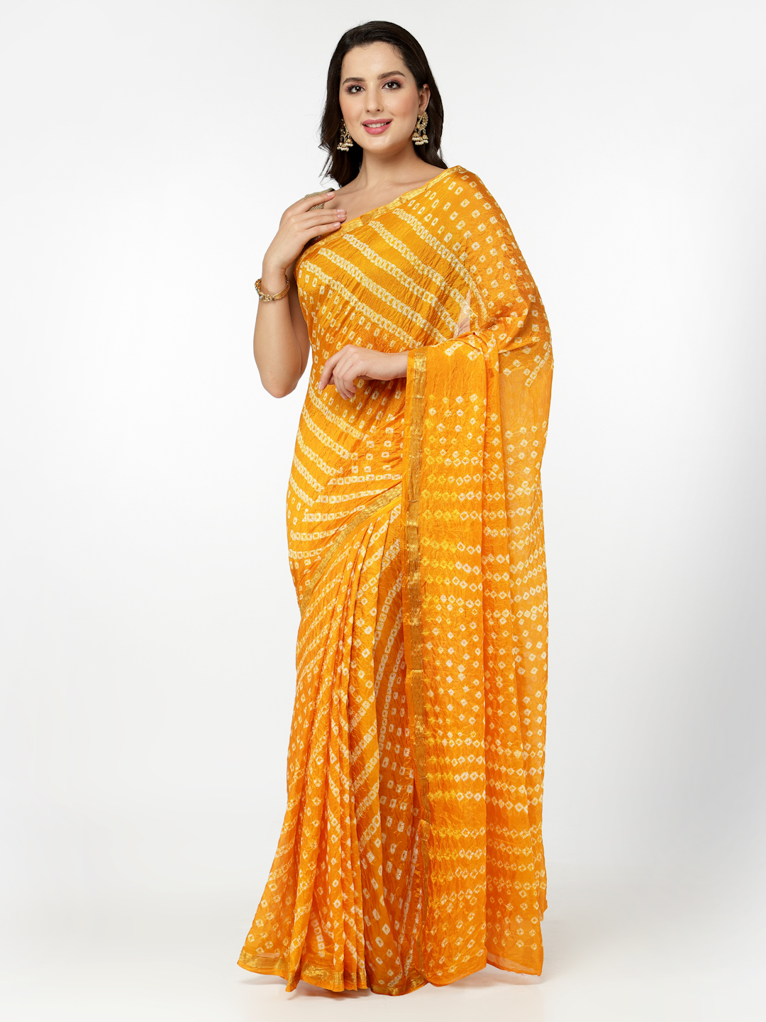 Silk Bandhani and Zari Weaving Saree with Unstitched Blouse - Orange And White