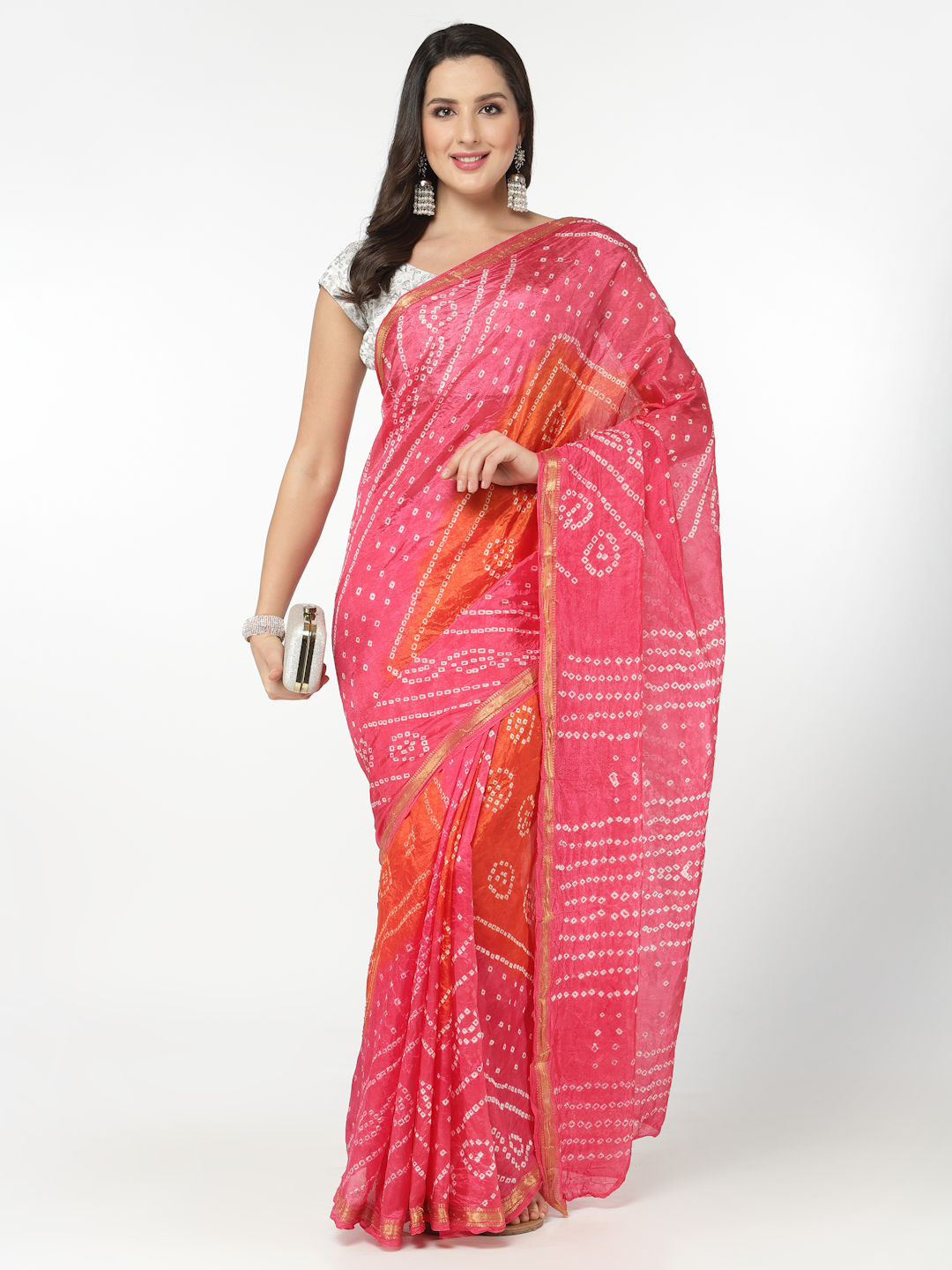 Women Silk Bandhani and Zari Weaving Saree with Unstitched Blouse - Pink And Orange