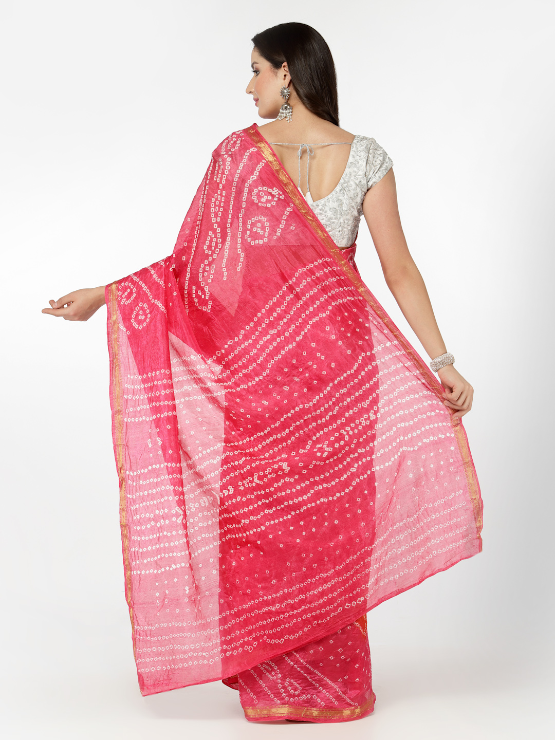Women Silk Bandhani and Zari Weaving Saree with Unstitched Blouse - Pink And Orange