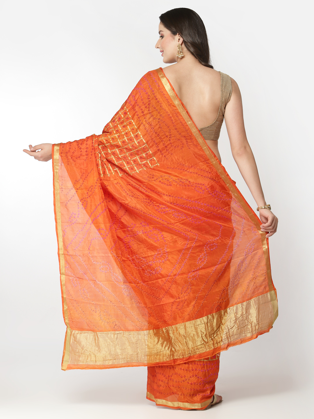 Orange Women Silk Bandhani and Zari Weaving Saree with Unstitched Blouse
