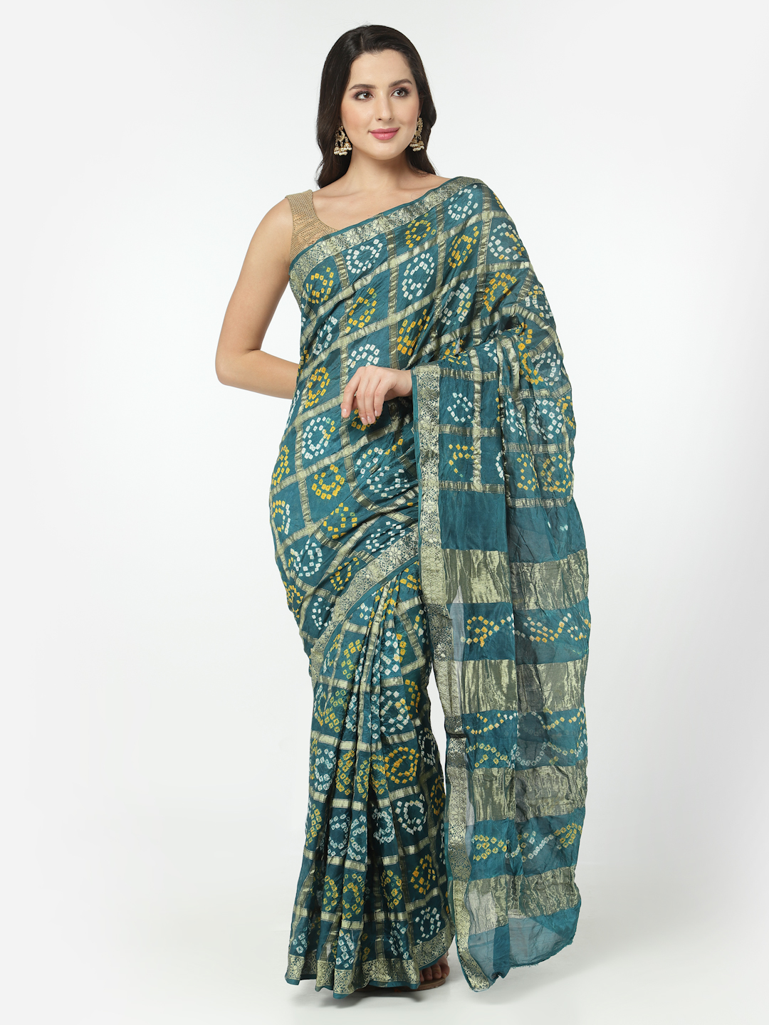 Silk Bandhani and Zari Weaving Saree with Unstitched Blouse - Green