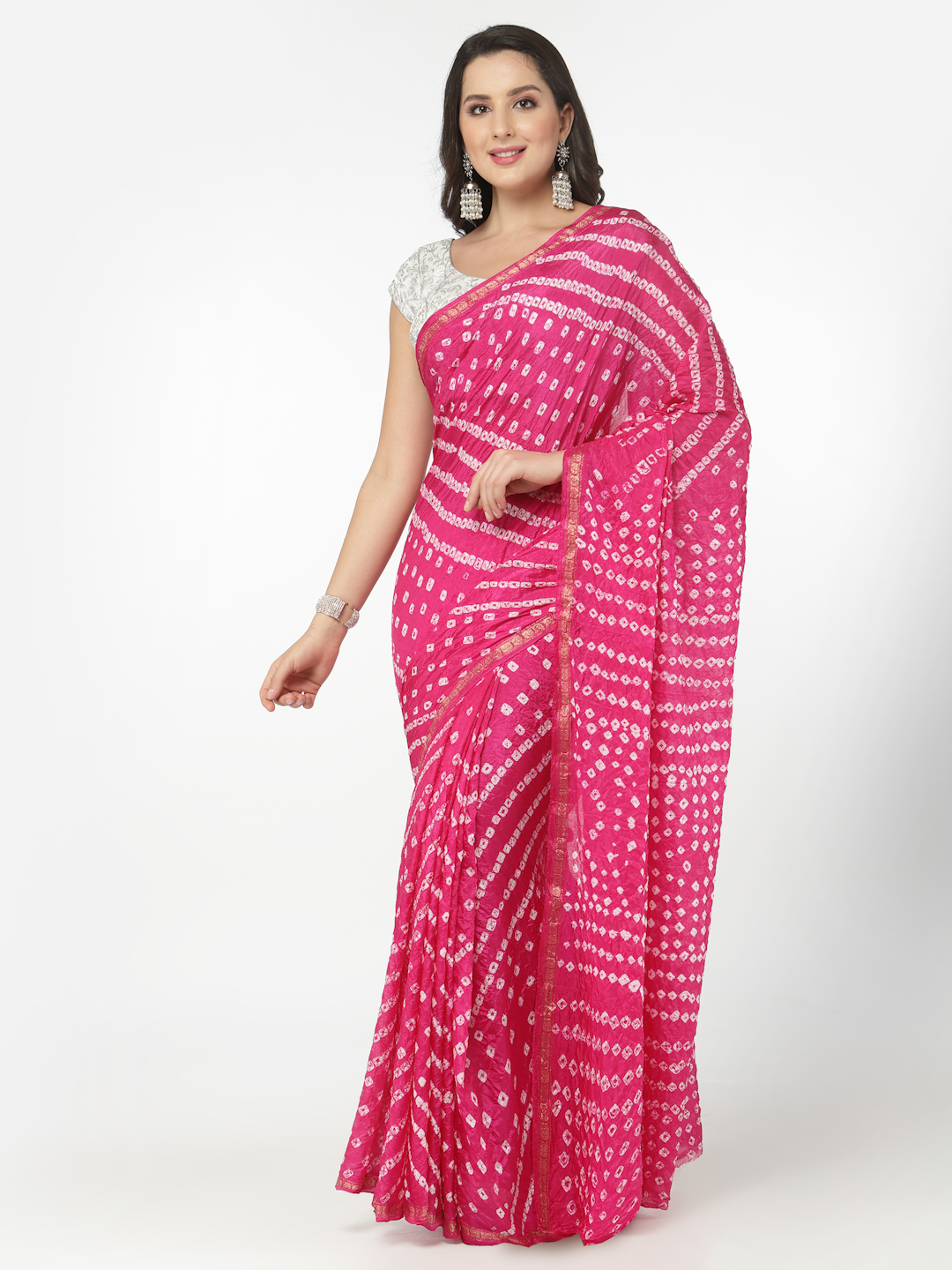 Women Silk Bandhani and Zari Weaving Saree with Unstitched Blouse - Pink And White