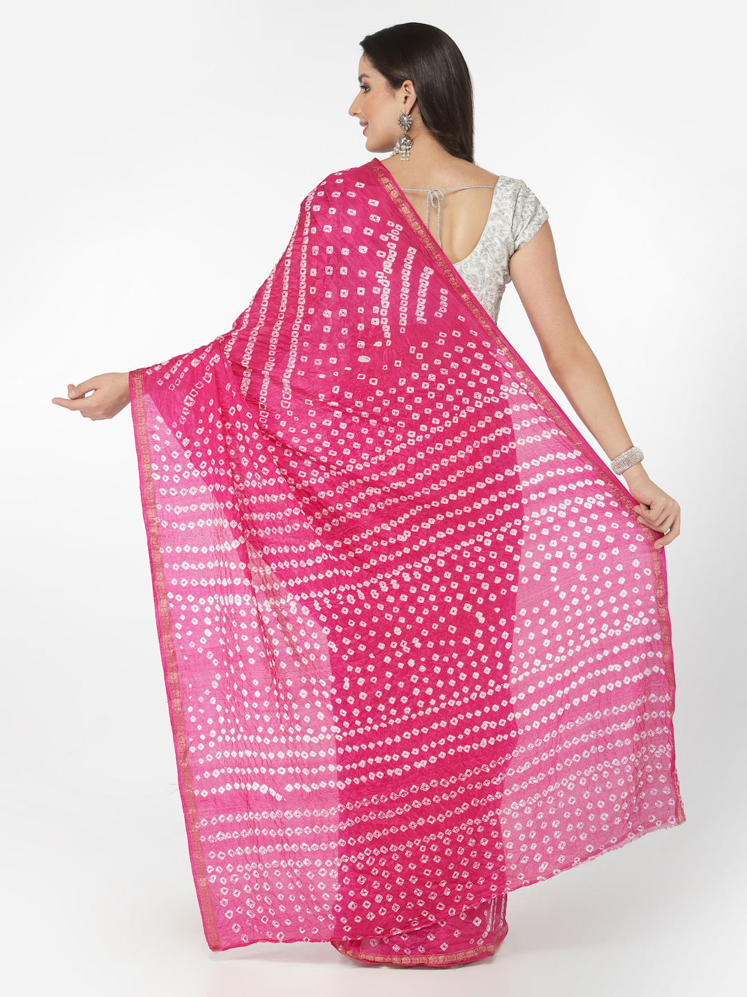 Women Silk Bandhani and Zari Weaving Saree with Unstitched Blouse - Pink And White