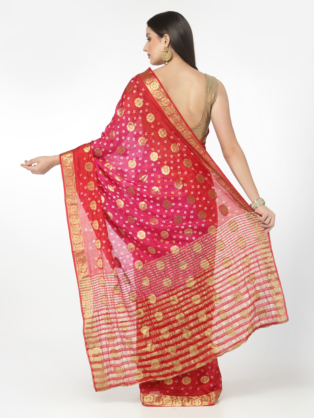 Pink And Red Women Silk Bandhani and Zari Weaving Saree with Unstitched Blouse