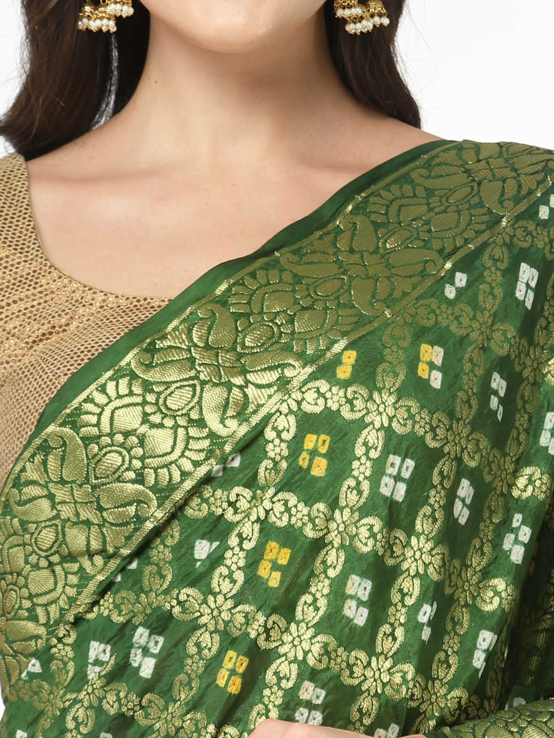 Women Silk Bandhani and Zari Weaving Saree with Unstitched Blouse - Green