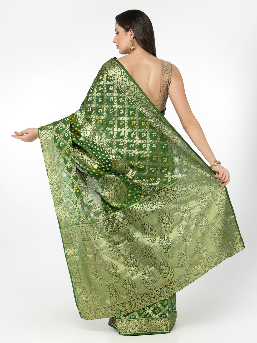 Women Silk Bandhani and Zari Weaving Saree with Unstitched Blouse - Green