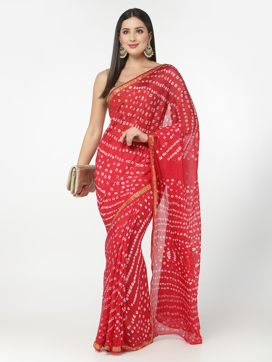 Women Silk Bandhani and Zari Weaving Saree with Unstitched Blouse - Pink And Red