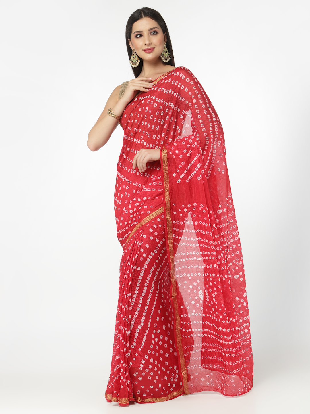 Women Silk Bandhani and Zari Weaving Saree with Unstitched Blouse - Pink And Red