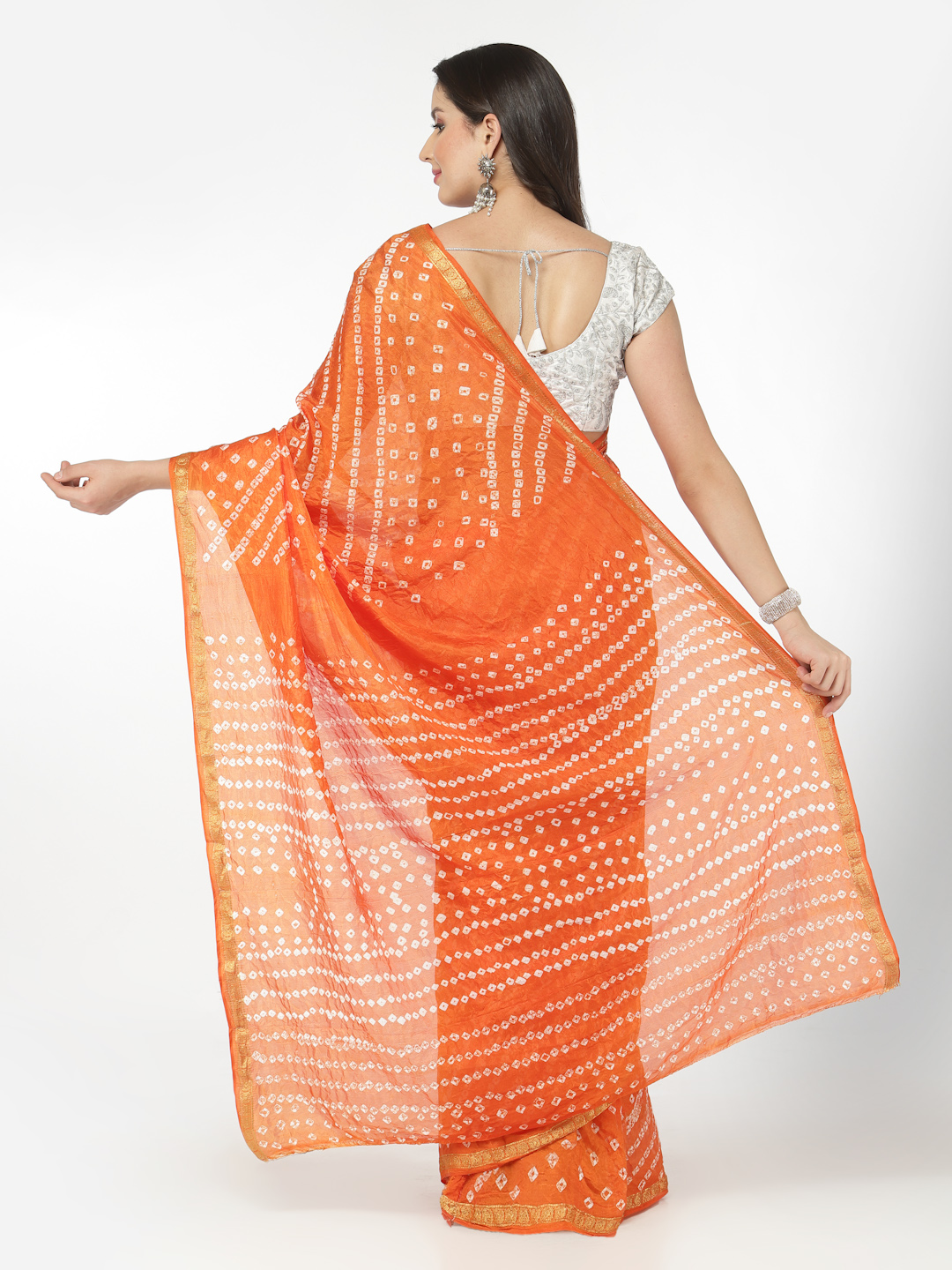 Silk Bandhani and Zari Weaving Saree with Unstitched Blouse - Orange