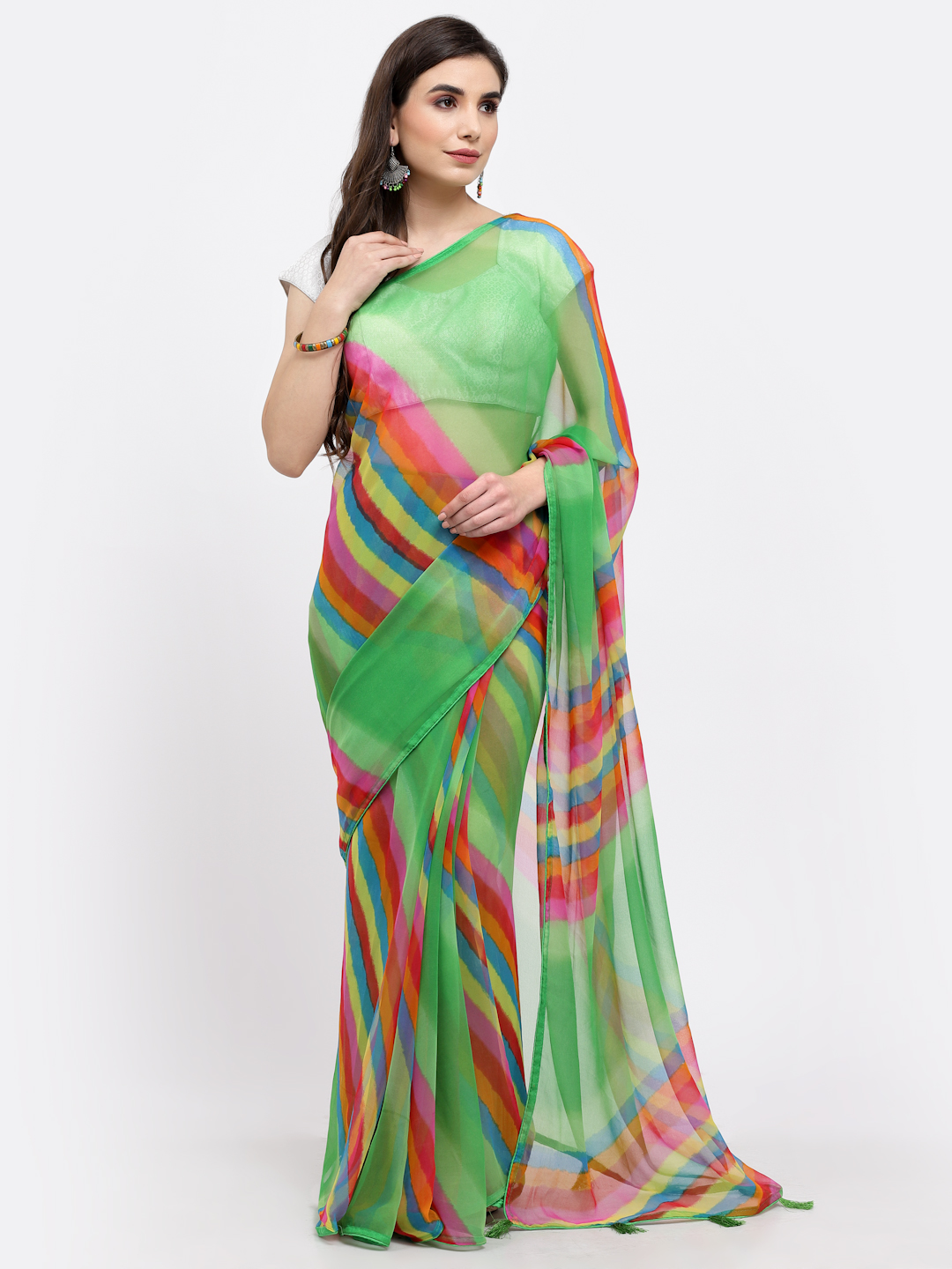 Women Lehariya Chiffon Saree And Blouse Multicolor with Unstitched