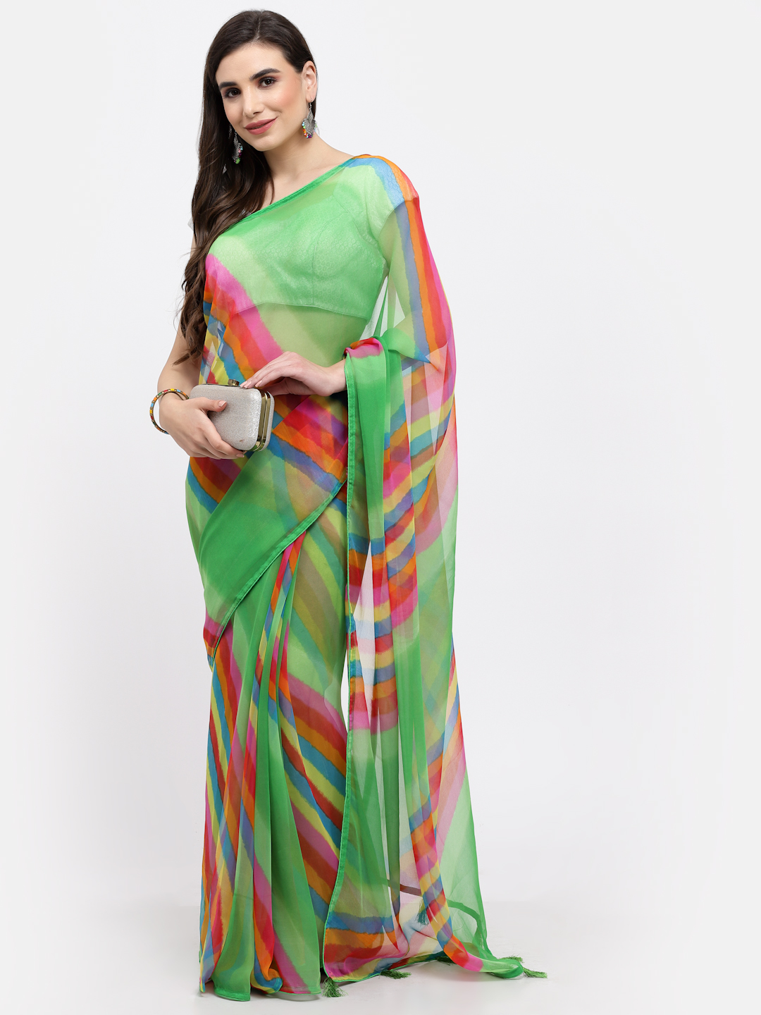 Women Lehariya Chiffon Saree And Blouse Multicolor with Unstitched