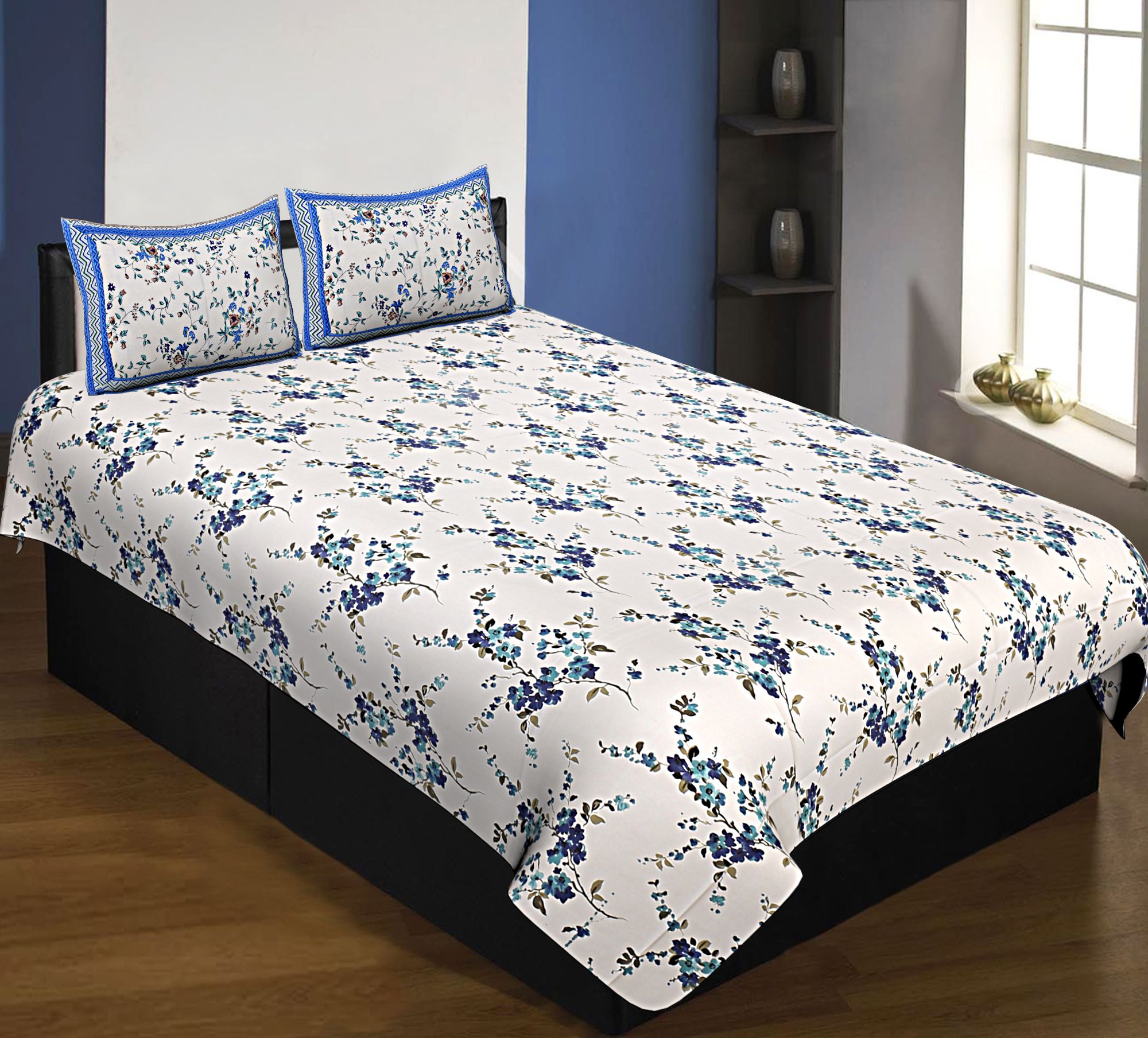 Pure Cotton 240 TC Single Bedsheet in blue motif floral print taxable