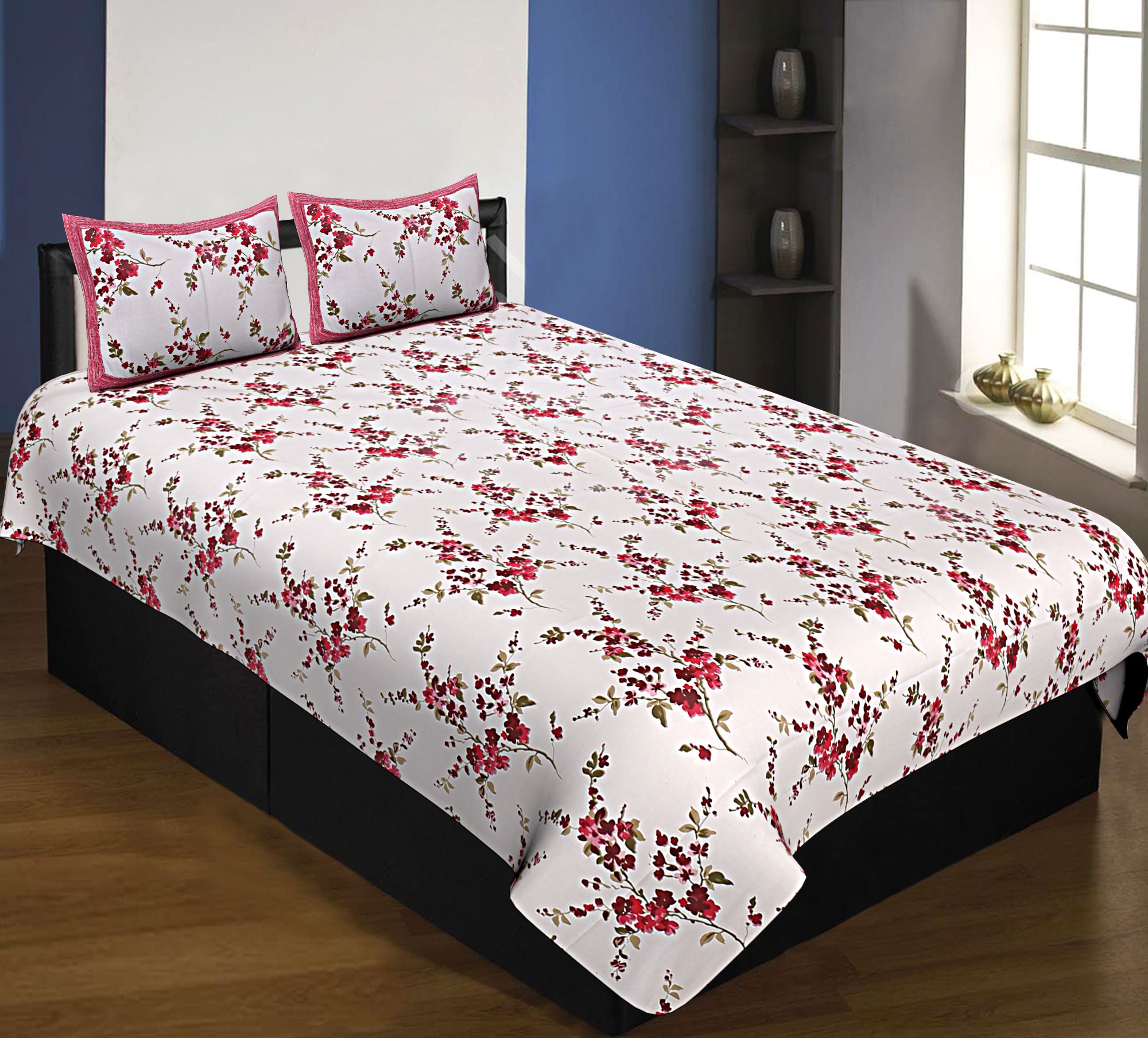 Pure Cotton 240 TC Single Bedsheet in Red motif floral print taxable