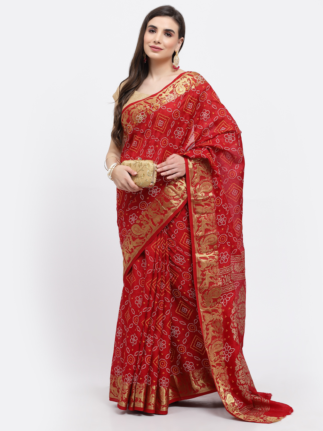 Women Bandhani With Zari Weaving Silk Saree And Blouse Maroon with Unstitched