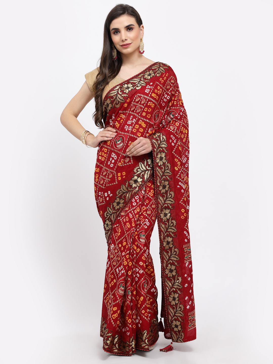 Women Bandhani With Embroidery And Zari Weaving Silk Saree And Blouse Maroon