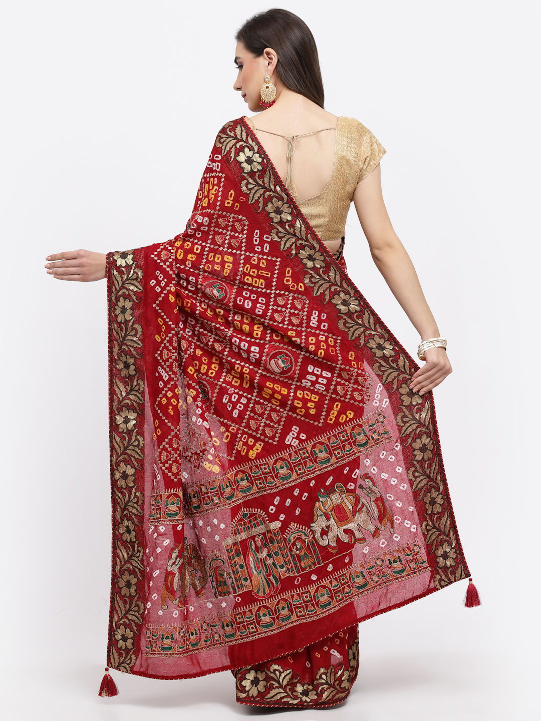 Women Bandhani With Embroidery And Zari Weaving Silk Saree And Blouse Maroon