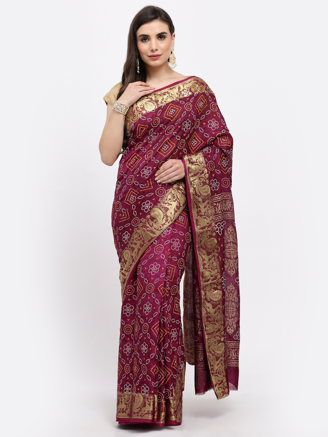 Women Bandhani With Zari Weaving Silk Saree And Blouse Wine  with Unstitched