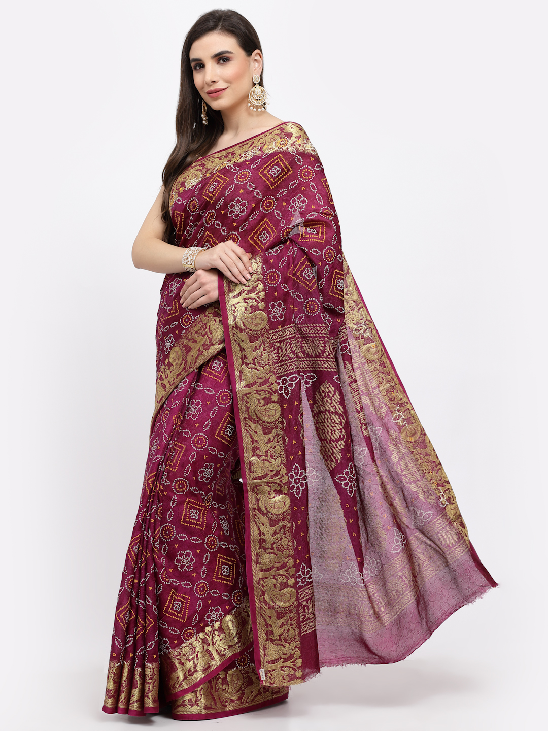 Women Bandhani With Zari Weaving Silk Saree And Blouse Wine  with Unstitched
