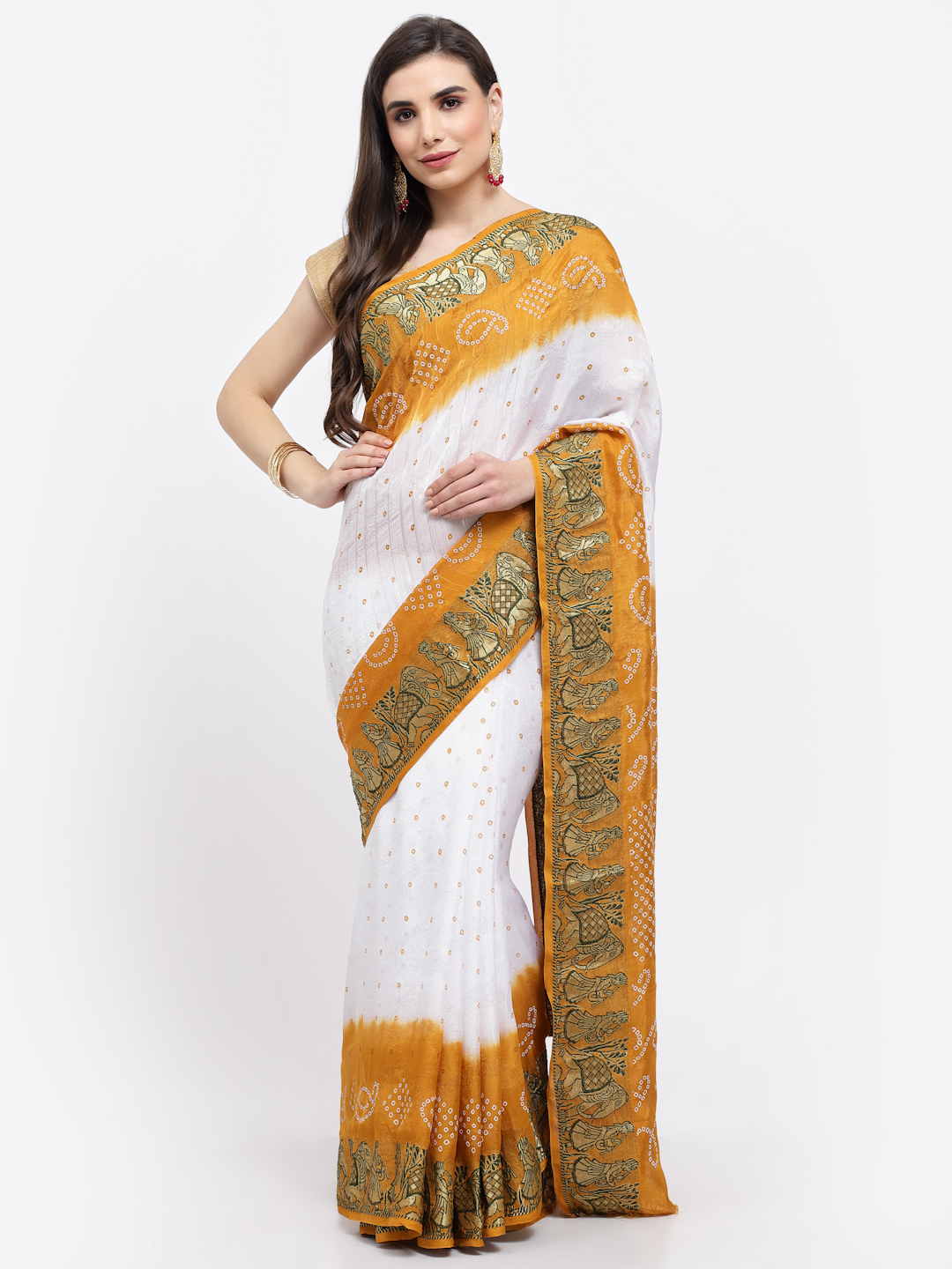 Women Bandhani With Zari Weaving Silk Saree And Blouse White & Mustard with Unstitched