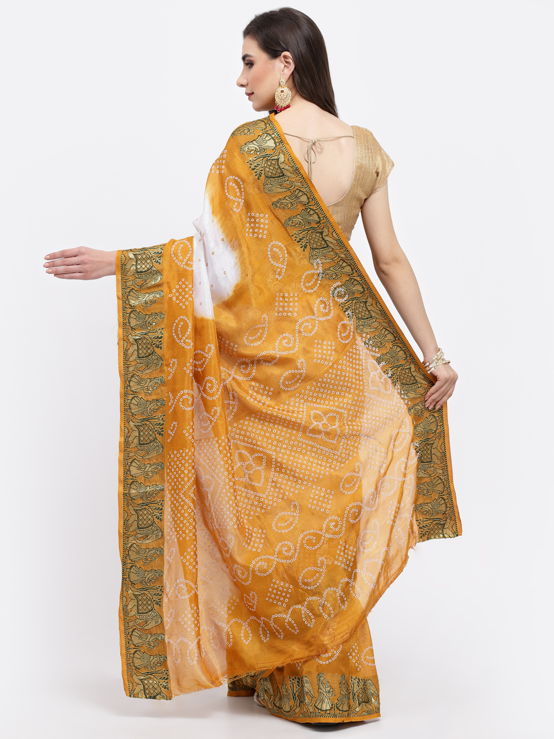 Women Bandhani With Zari Weaving Silk Saree And Blouse White & Mustard with Unstitched