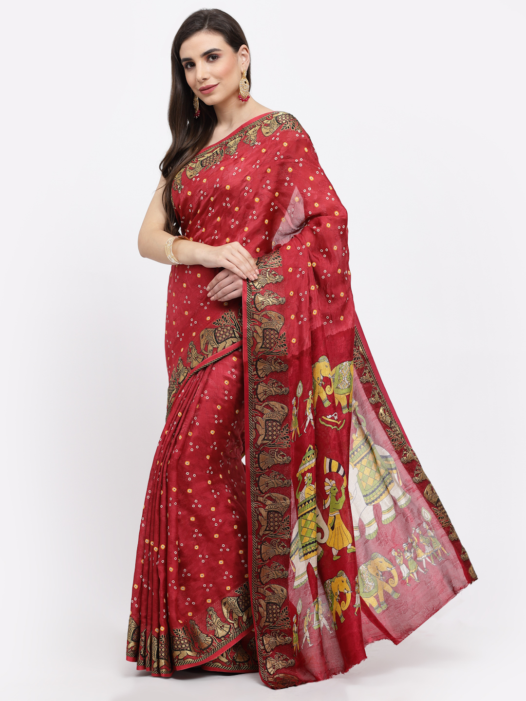 Women Bandhani With Zari Weaving Silk Saree with Unstitched  And Blouse Maroon