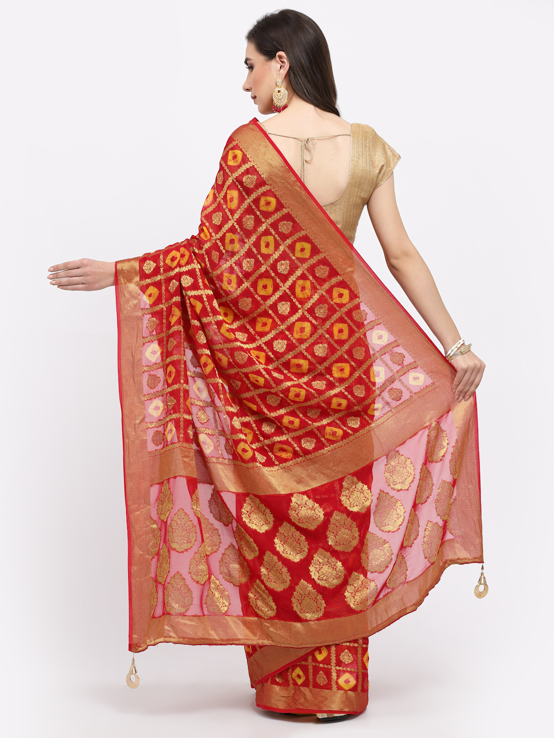 Women Bandhani With Zari Weaving Silk Saree And Blouse Red with Unstitched
