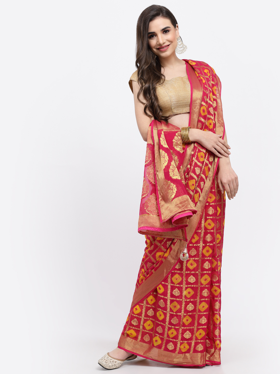 Women Bandhani With Zari Weaving Silk Saree And Blouse Pink with Unstitched