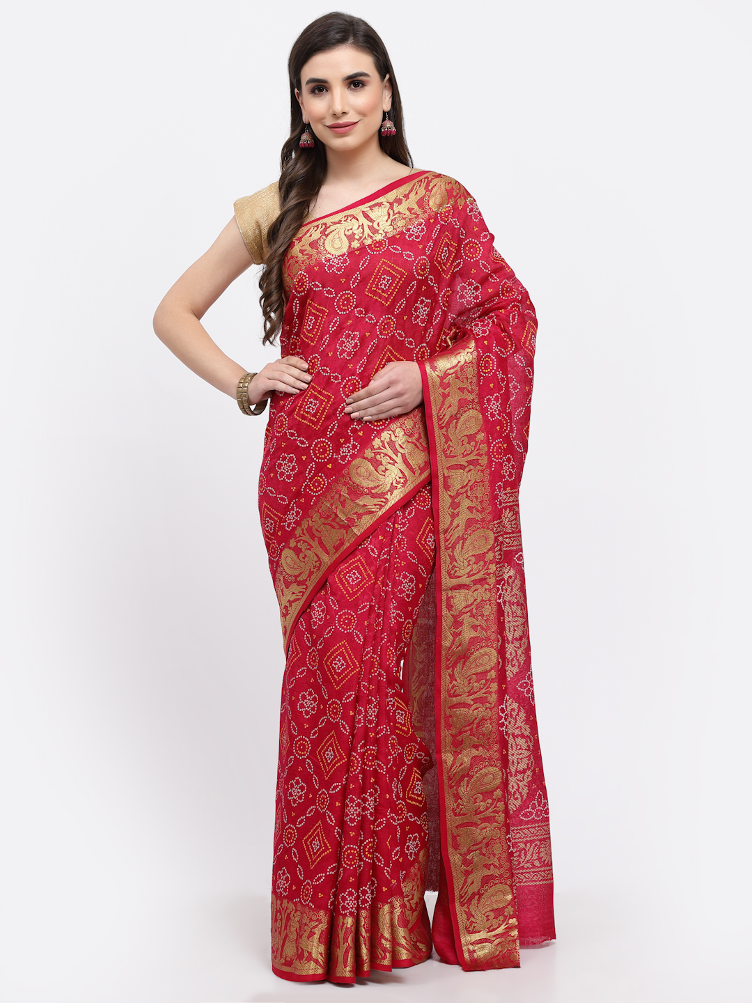 Women Bandhani Print With Zari Weaving Silk Saree And Blouse Pink with Unstitched