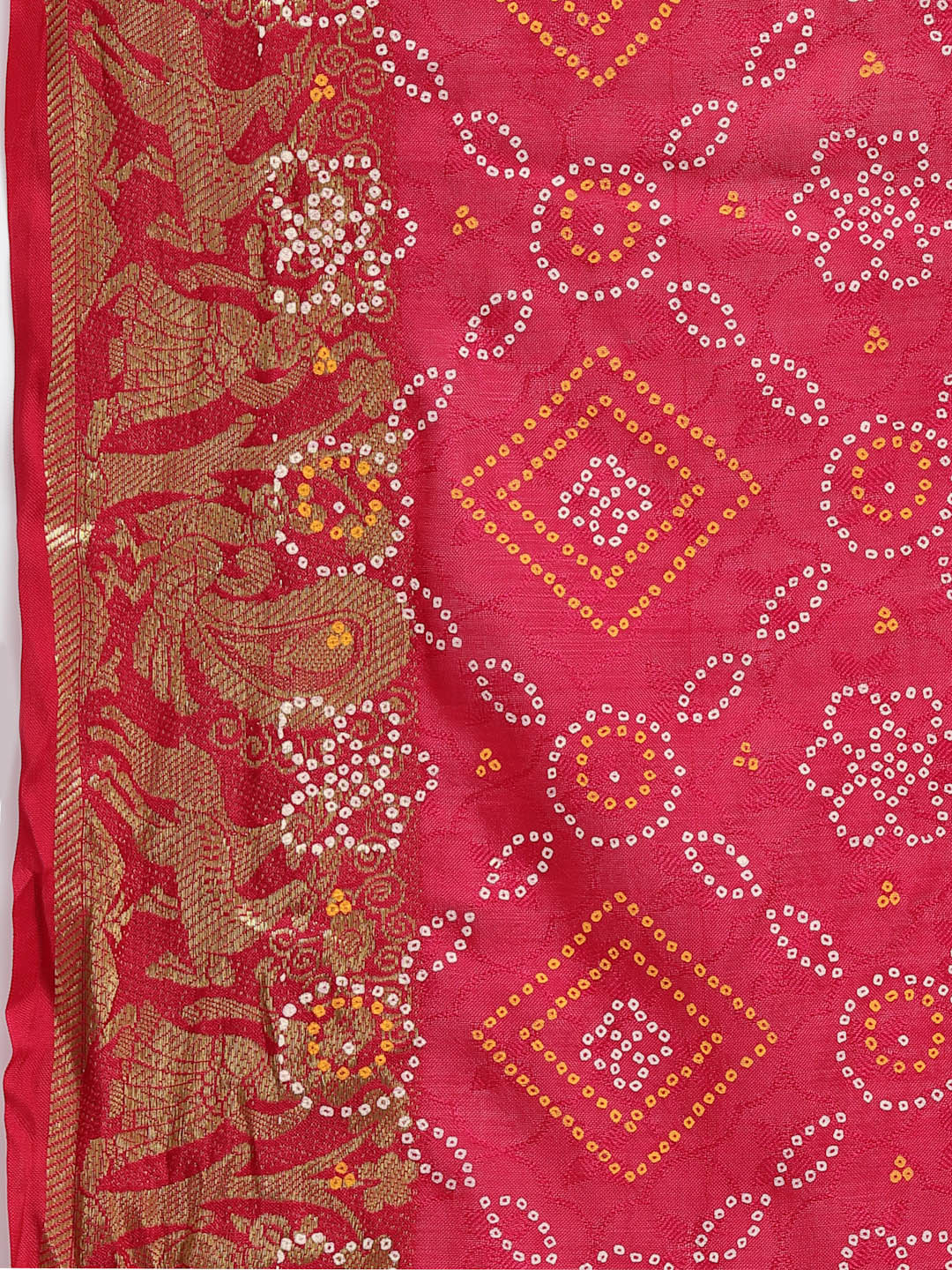 Women Bandhani Print With Zari Weaving Silk Saree And Blouse Pink with Unstitched