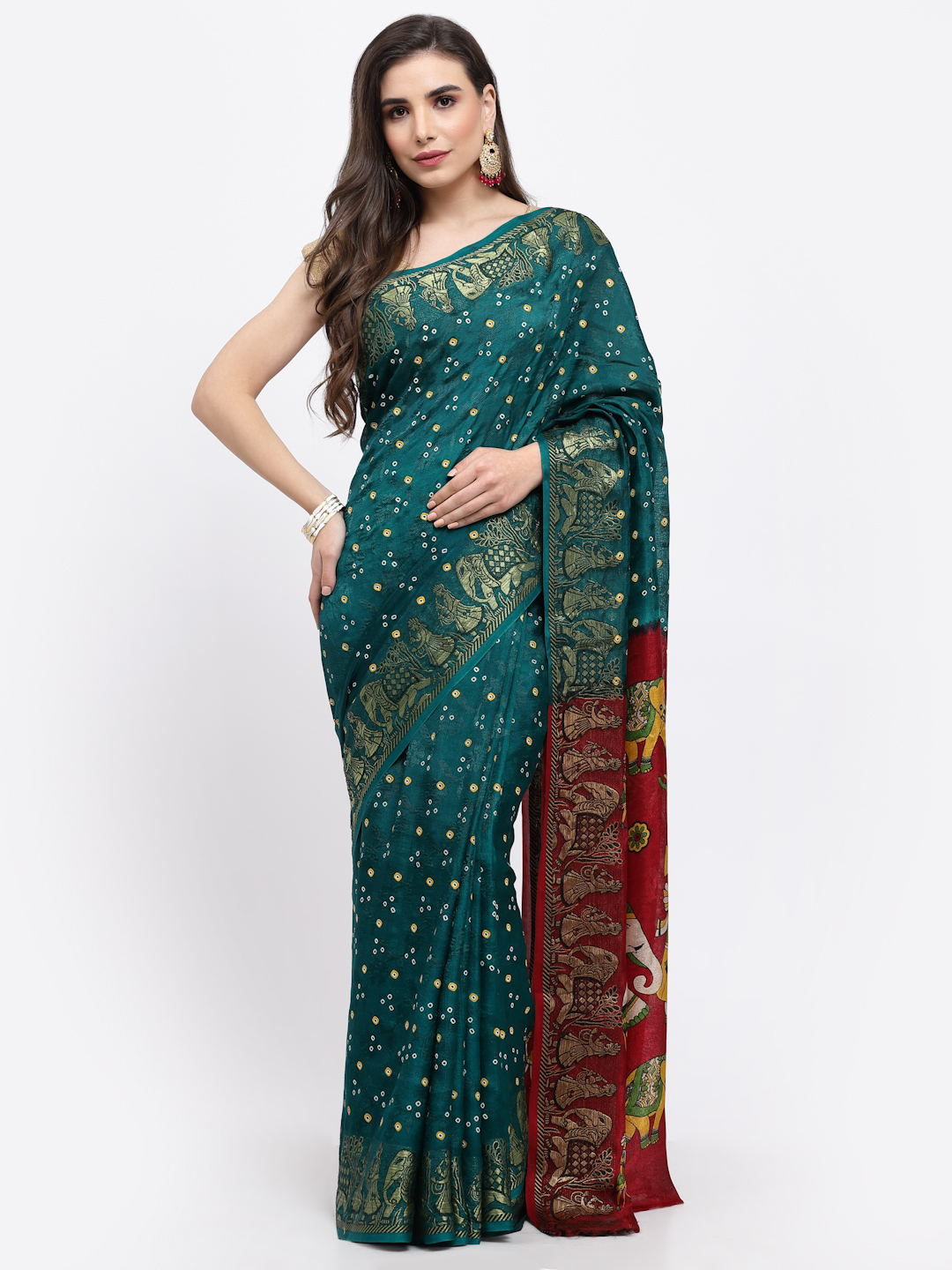 Green Women Bandhani With Zari Weaving Silk Saree And Unstitched Blouse