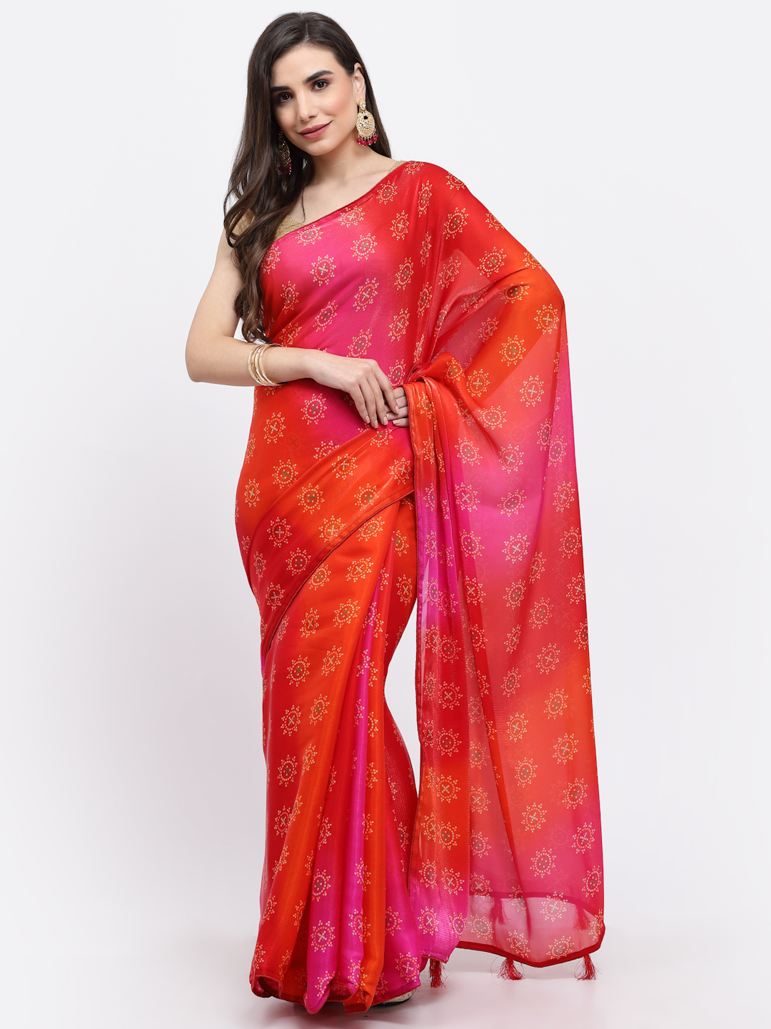 Women Geometric Print Silk Saree And Blouse Pink And Orange with Unstitched
