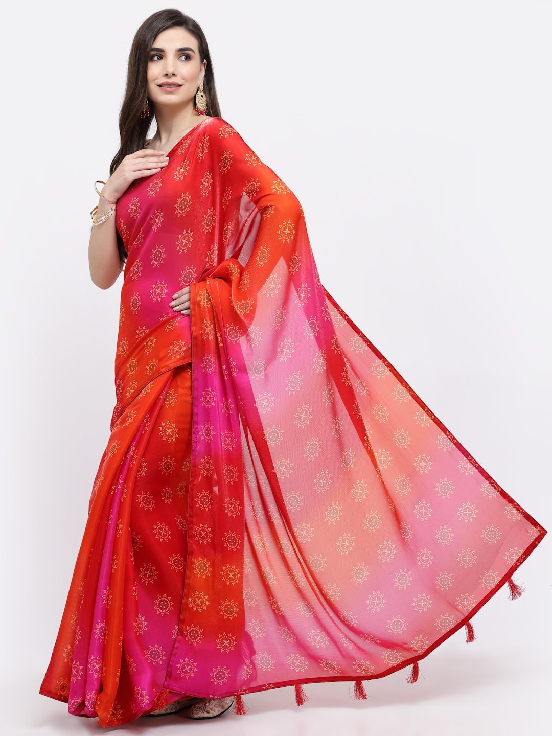 Women Geometric Print Silk Saree And Blouse Pink And Orange with Unstitched