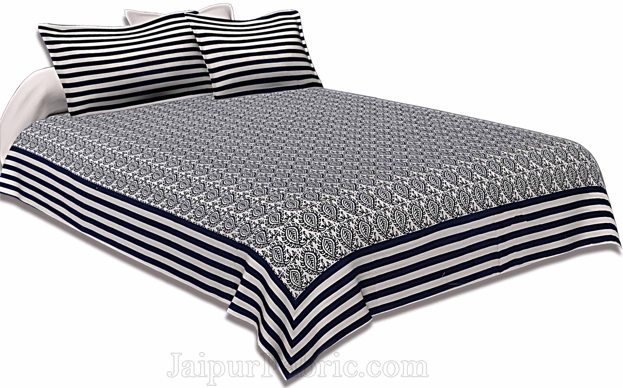 Double Bedsheet White And Dark Blue  Border  Fine Cotton  Booti Print