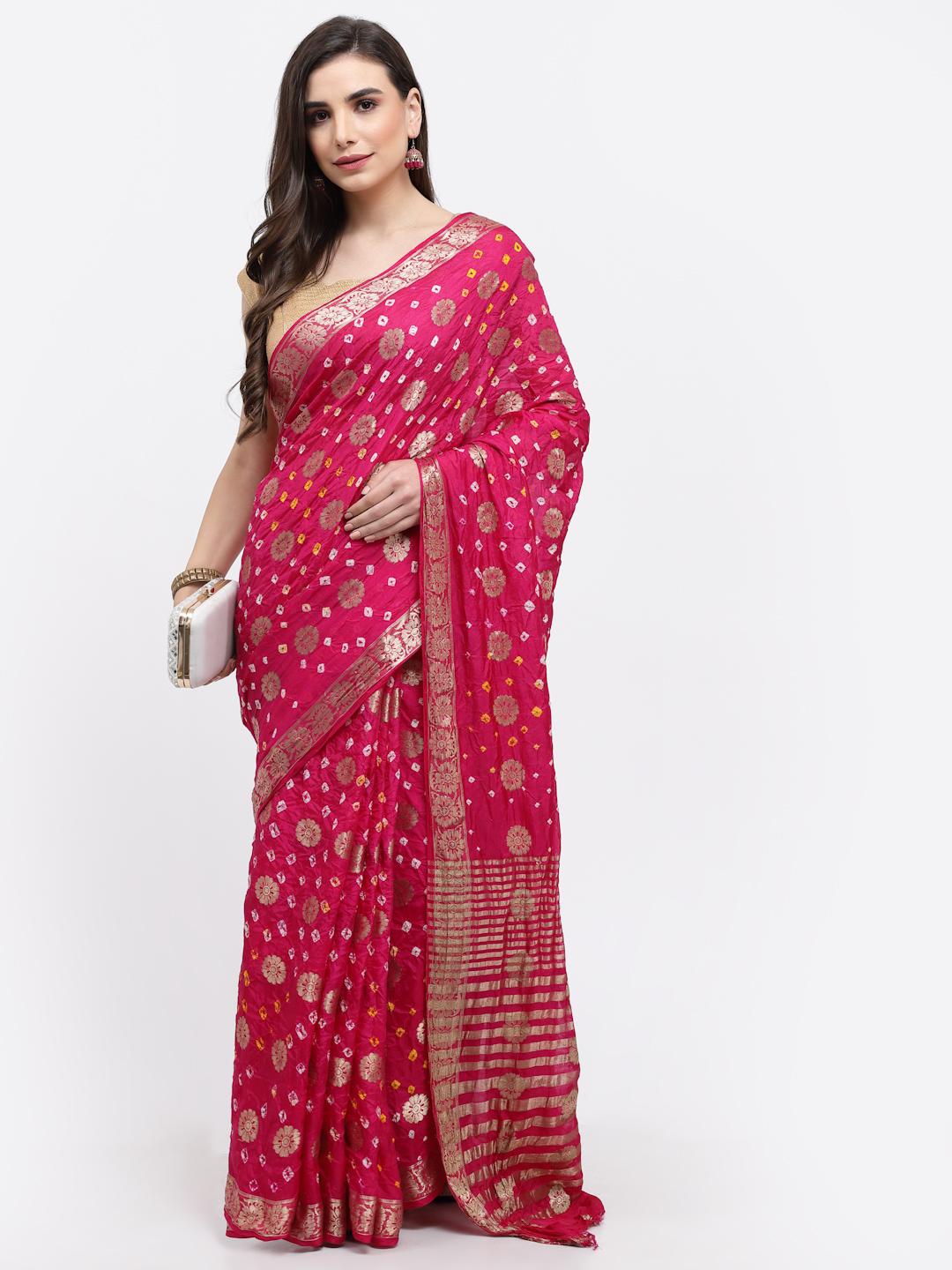 Women Bandhani With Zari Weaving Silk Saree And Blouse Dark Pink