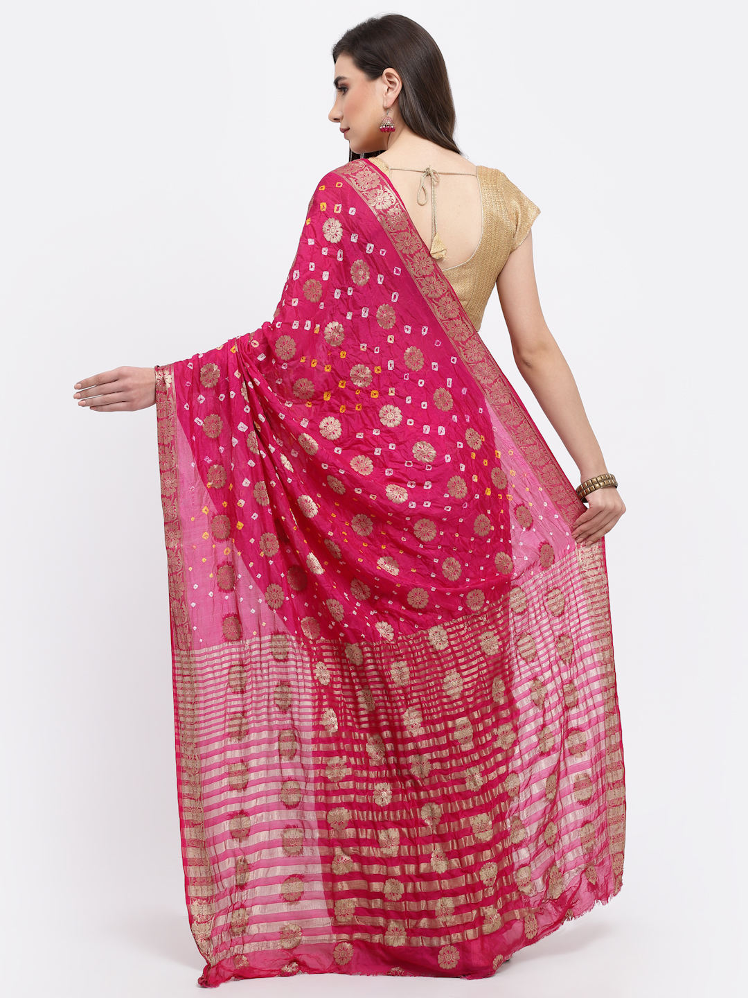 Women Bandhani With Zari Weaving Silk Saree And Blouse Dark Pink