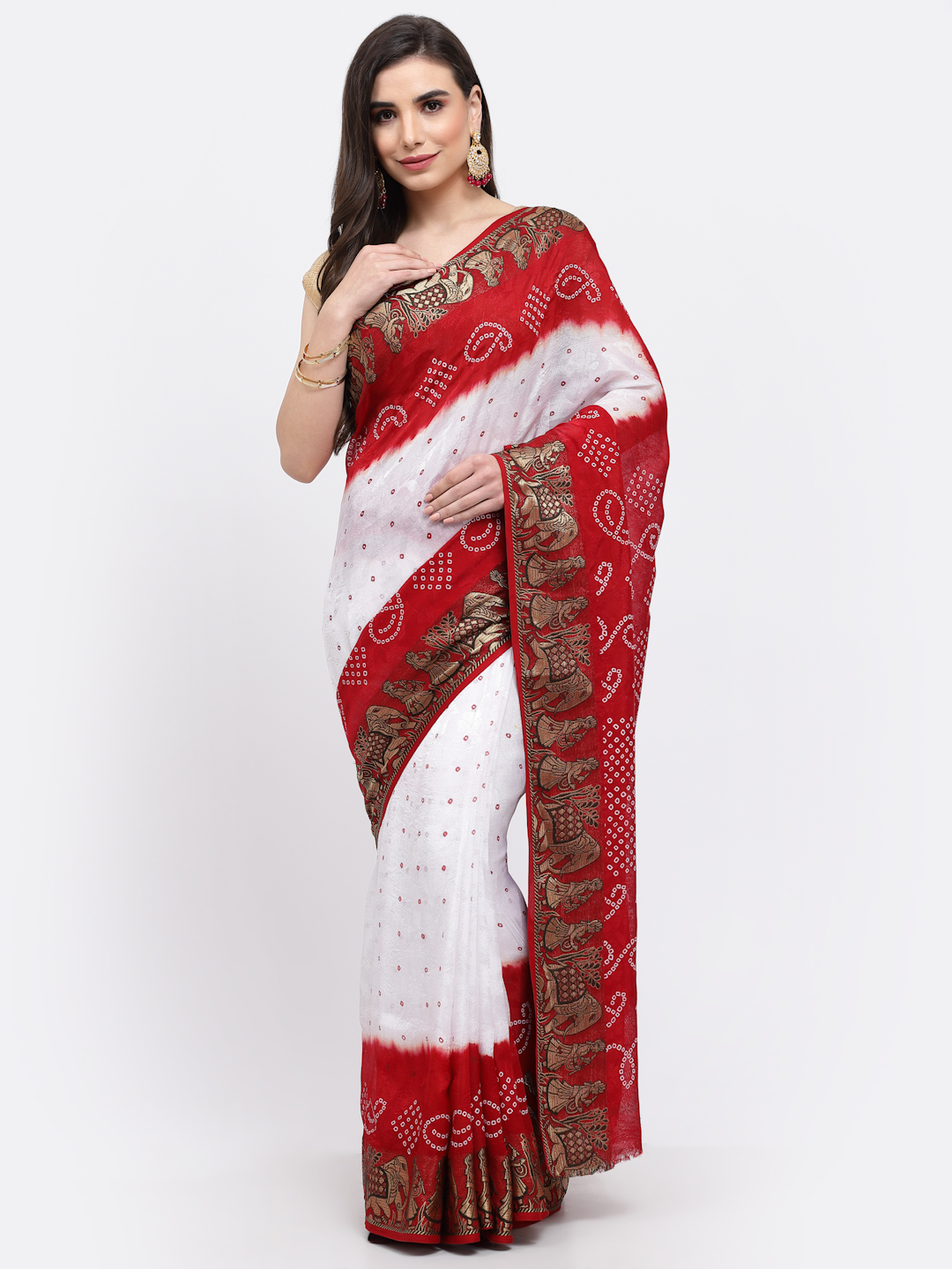 Women Bandhani With Zari Weaving Silk Saree And Blouse White And Red with Unstitched