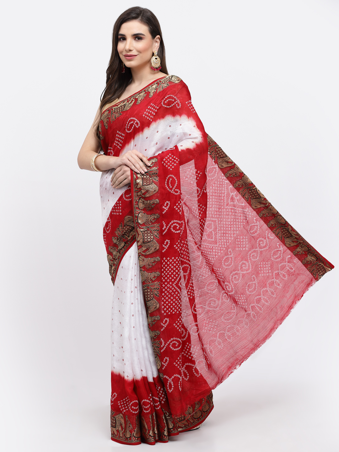 Women Bandhani With Zari Weaving Silk Saree And Blouse White And Red with Unstitched