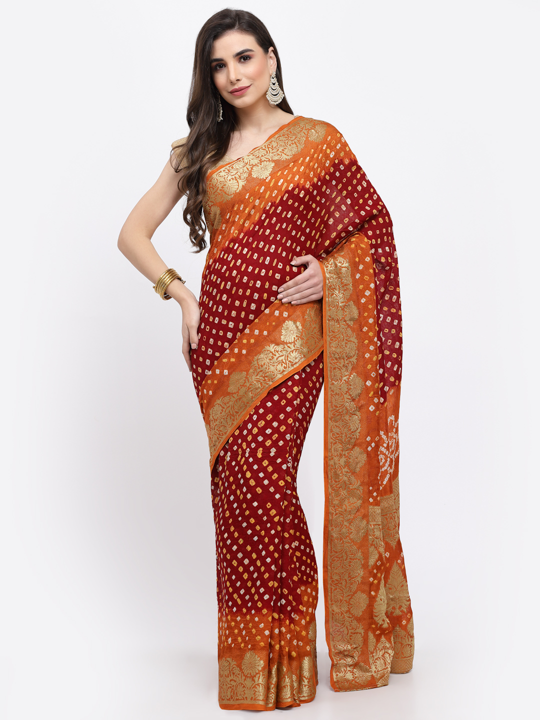 Women Bandhani With Zari Weaving Silk Saree with Unstitched And Blouse Multicolor