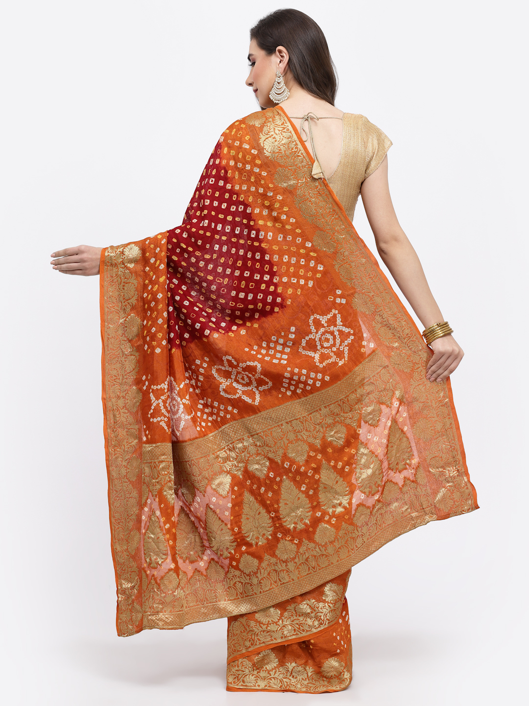 Women Bandhani With Zari Weaving Silk Saree with Unstitched And Blouse Multicolor
