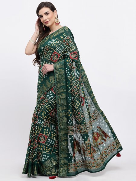 Women Bandhani With Zari Weaving Silk Saree And Blouse Green