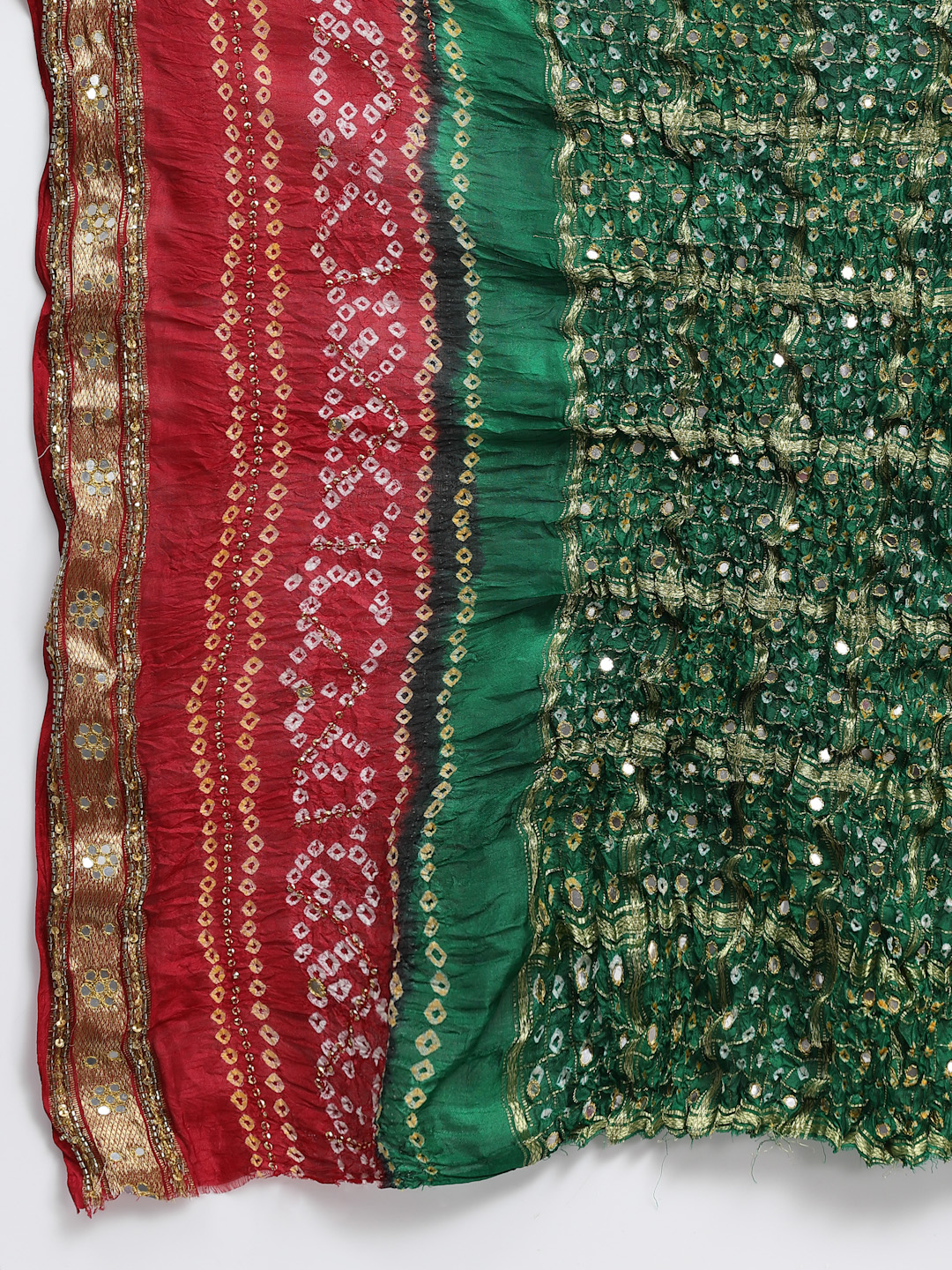Women Bandhani With Zari Weaving Silk Saree And Blouse Green