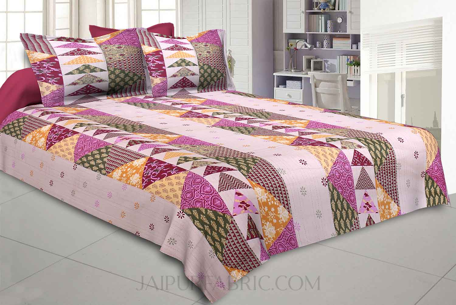 olive Twill Cotton  Double Bedsheet With Colorful Patchwork Design