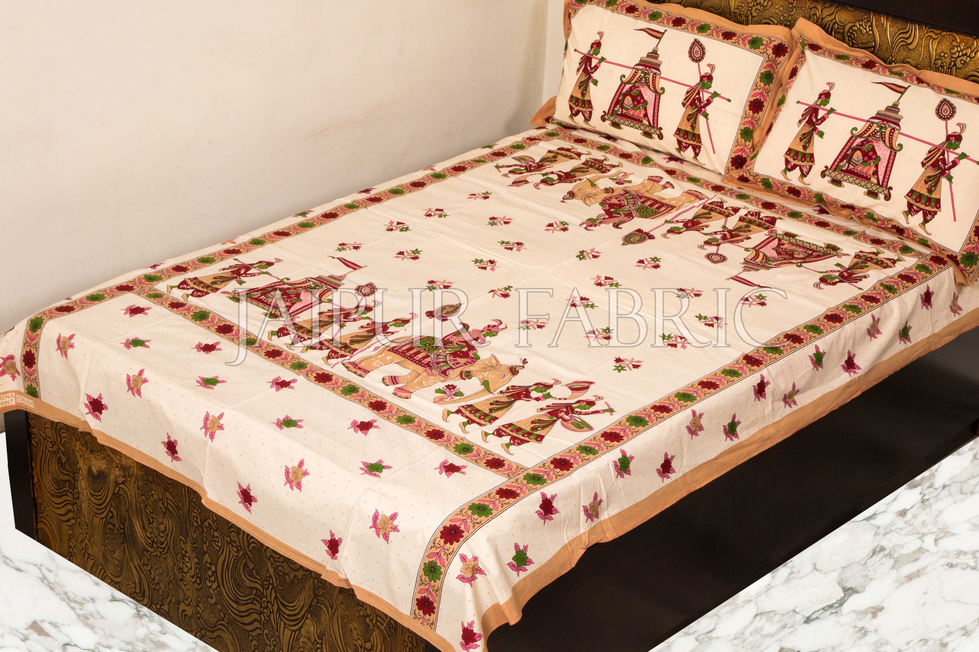 Brown Rajasthani Doli Hand Block Print Single Bed Sheet with Two Pillow Covers