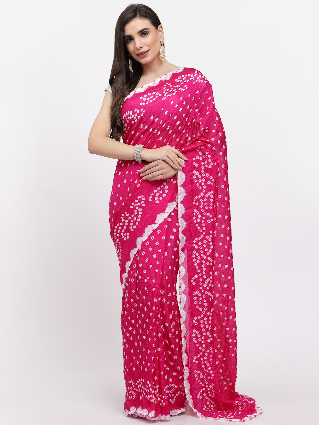 Women Bandhani Print Silk Saree And Blouse Pink with Unstitched