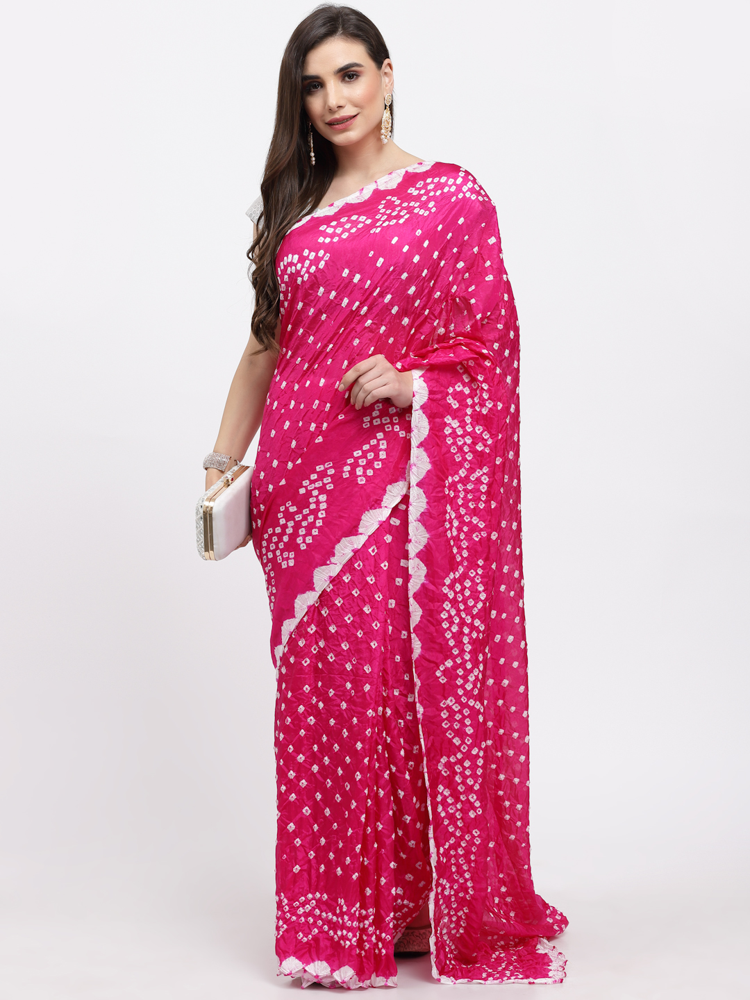 Women Bandhani Print Silk Saree And Blouse Pink with Unstitched