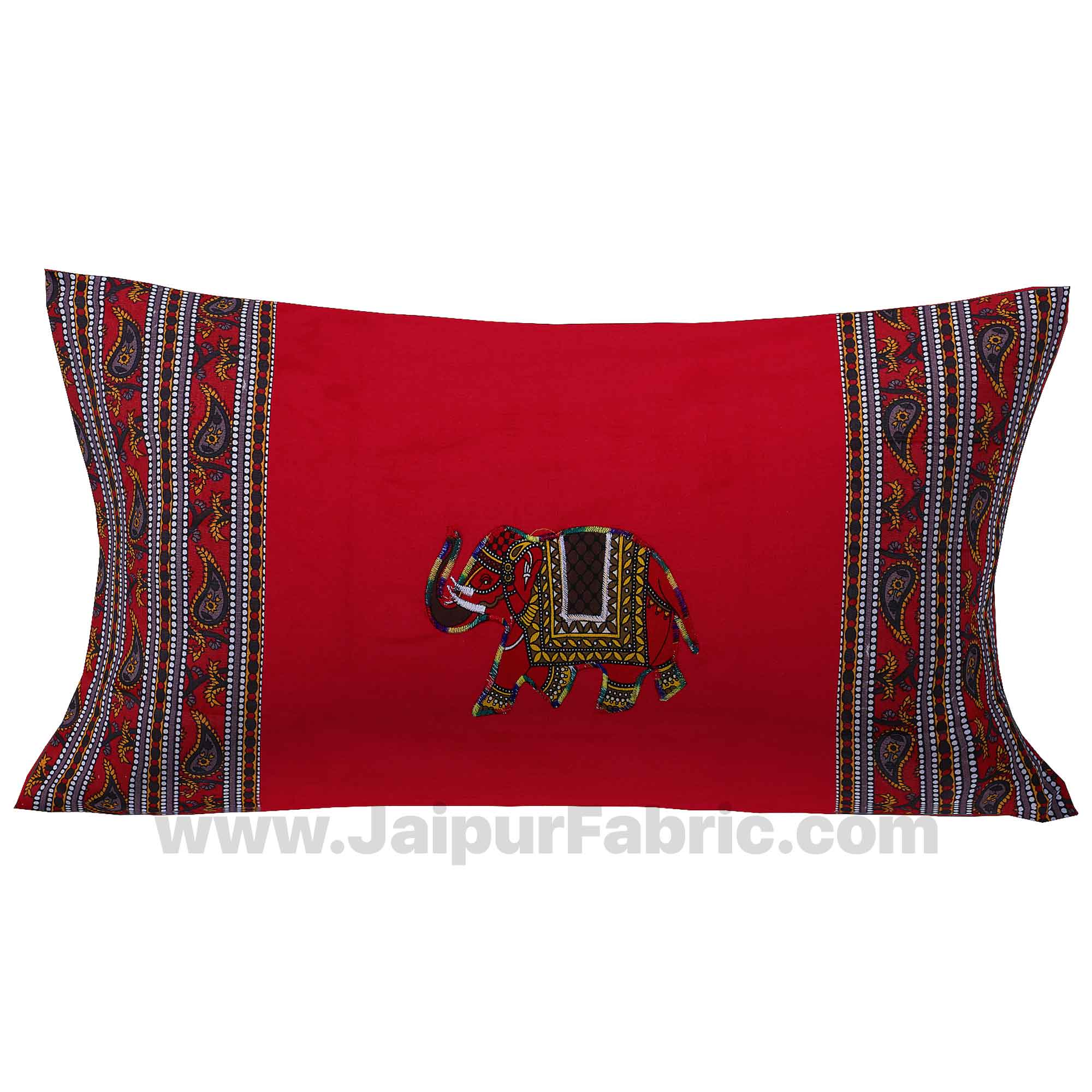 Applique Red Elephant Jaipuri  Hand Made Embroidery Patch Work Single Bedsheet
