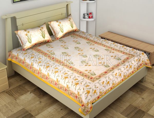Yellow Border Lotus Floral Printed Cotton Single Bed Sheet
